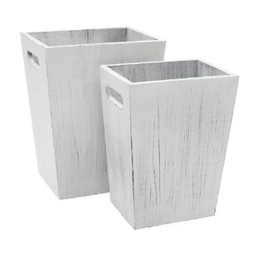 2 Piece Rustic Style Wood Trash Can Set, Farmhouse Square Wastebasket Bin with Handles for Home or Office (Brown, Small & Large)