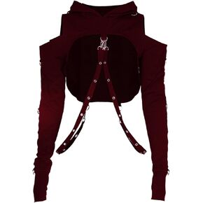 Gothic Punk Long Sleeve Cold Shoulder Hooded Crop Tops Buckle Strap Hoodie Sweatshirt