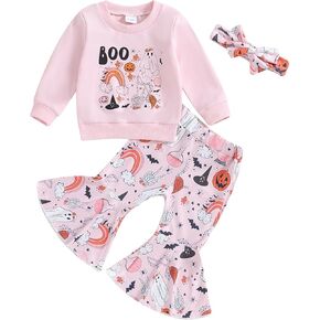 Kayotuas Toddler Baby Girl Halloween Outfits Pumpkin Sweatshirt Top and Bell Bottom Flare Pants Cute Fall Clothes 2 Piece Set