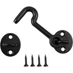 4" Barn Door Lock, Hook and Eye Latch for Door, Barn Door Latch, Barn Door Locks and Latches, Hook Lock Latch for Door, Gate Latch for Door, Whole Cast, Indoor/Outdoor Use, Black, Set of 2