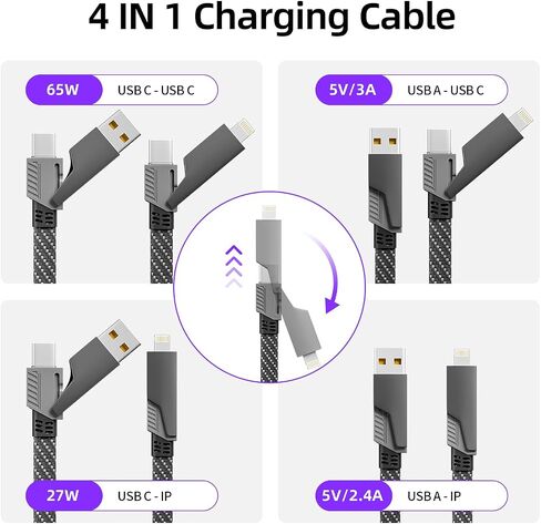 Multi Charging Cable,(2 Pack 5FT),Retractable Charging Cable 3 in 1 Charging Cable Universal USB Charging Cord with Type-C, Micro USB,IP Port for Most Cell Phones & Pads-Gray in Saudi Arabia