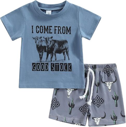 Muasaaluxi Western Baby Boy Summer Clothes Cow Print Short Sleeve T-Shirt Casual Shorts Toddler Boy Outfits 0-3T in Saudi Arabia