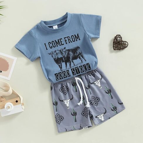 Muasaaluxi Western Baby Boy Summer Clothes Cow Print Short Sleeve T-Shirt Casual Shorts Toddler Boy Outfits 0-3T in Saudi Arabia