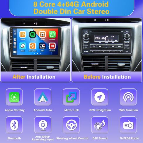 Fuluku[8 Core 4+64GB] ستيريو سيارة مزدوج Din Android 13 مع WiFi، يدعم بطاقة SIM 4G، راديو Android 10.1 بوصة مع Carplay اللاسلكي Android Auto، EQ DSP، GPS، بلوتوث 5.0، AM/FM/RDS، كاميرا احتياطية in Saudi Arabia