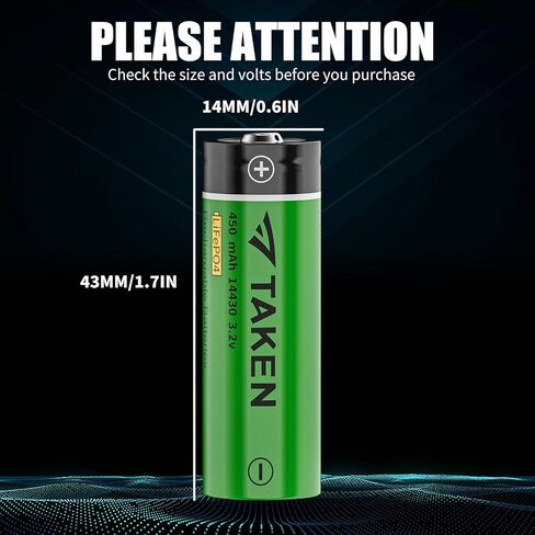 Taken 14430 بطارية شمسية قابلة لإعادة الشحن 3.2 فولت، 3.2 فولت 450 مللي أمبير 14430 LiFePO4 بطارية قابلة للشحن لألواح الطاقة الشمسية في الهواء الطلق وأضواء الحديقة (ليست بطارية AA) - 8 عبوات in Kuwait