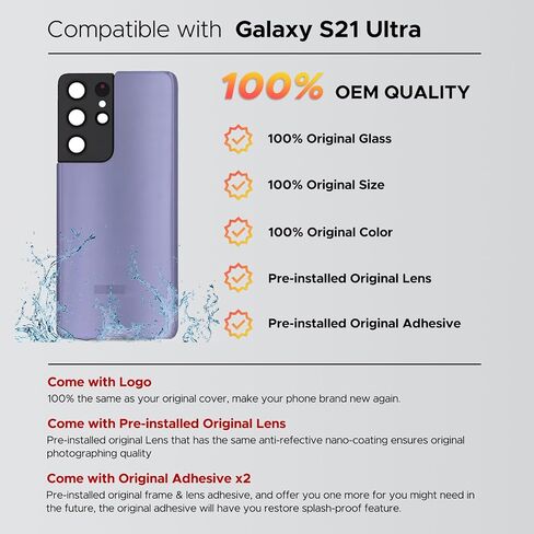 Compatible with Galaxy S21 Ultra Back Cover Replacement, S21 Ultra 5G Back Glass Door with Pre-installed Camera Lens, Repair Tools & Instruction, Phantom Silver in Saudi Arabia