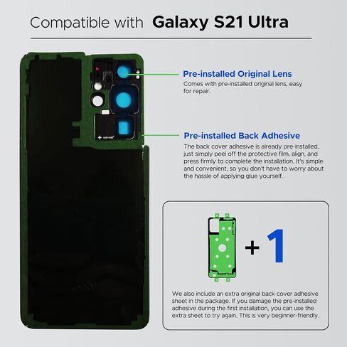 Compatible with Galaxy S21 Ultra Back Cover Replacement, S21 Ultra 5G Back Glass Door with Pre-installed Camera Lens, Repair Tools & Instruction, Phantom Silver in Saudi Arabia