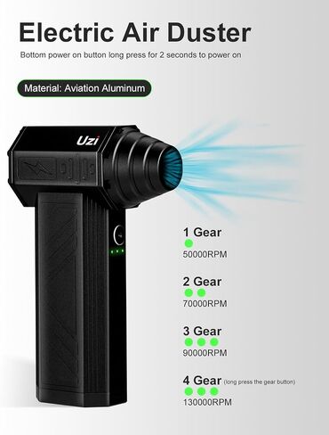 Uzi Electric Air Duster 130000RPM Compressed Jet, 4Gear Adjustable Portable Dry Jet Blower,Can for Computer Keyboard,Outdoors,Car,Home(Aluminum,Ferrous gray) in Saudi Arabia
