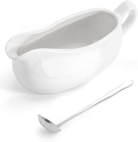 LoeJan 17OZ Gravy Boat مع ملعقة، طبق تقديم صلصة سيراميك، مجموعة أدوات تقديم كبيرة سهلة الصب بدون تنقيط للشفاه لسلطة كريم مرق الحليب الأسود اليقطين عيد الشكر in Kuwait