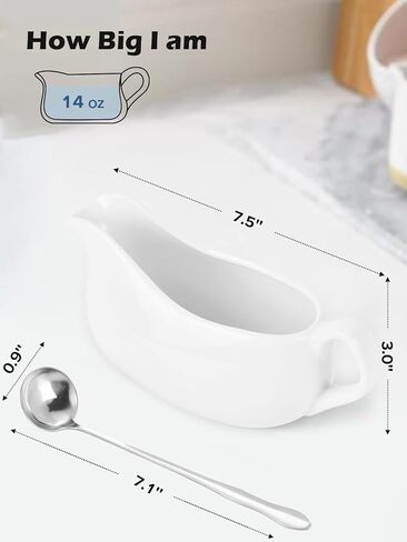 LoeJan 17OZ Gravy Boat مع ملعقة، طبق تقديم صلصة سيراميك، مجموعة أدوات تقديم كبيرة سهلة الصب بدون تنقيط للشفاه لسلطة كريم مرق الحليب الأسود اليقطين عيد الشكر in Kuwait