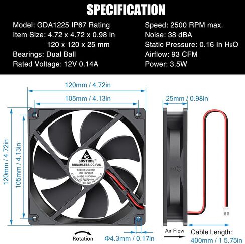 GDSTIME 80mm x 25mm 12V DC Waterproof IP67 Fan Dual Ball Bearing Small Brushless Cooling Fans 2-Pin for RV Fridge Micro Greenhouse AV Cabinets Ventilation in Kuwait
