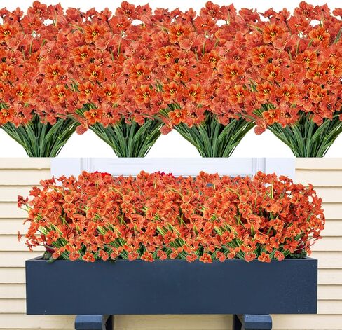 12 Bundles Fall Flowers Artificial for Decoration, Fake Mums Flowers Outdoor UV Resistant, Faux Plastic Flowers for Outdoors Porch Window Garden Box Hanging Pot Autumn Home Decor (Orange) in Saudi Arabia