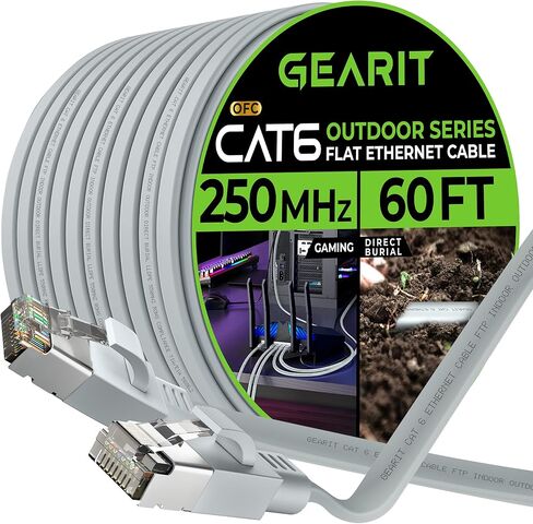 GearIT Cat 6 Outdoor Flat Ethernet Cable (50ft, Gray) Direct Burial Rated LLDPE Jacket - Indoor Cat6 Shielded FTP 10Gbps High Speed Gaming Computer Network RJ45 Snagless Patch Cord Internet in Kuwait