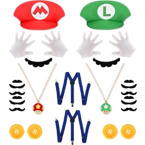 Mary Luigi Costume for Kids - 2 Sets Super Bros Halloween Costumes Accessories Boys Girls Cosplay Hats Mustaches Gloves Buttons Suspenders