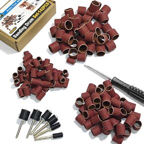 Asieg Tool Sanding Drum Kit 142Pcs 600Grit, 1/2" & 3/8" & 1/4" Diameter Drum Sanding Band with 3.17mm Shank Mandrels for Drill Dremel Rotary Tools Nails Drill
