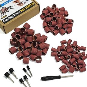 Asieg Tool Sanding Drum Kit 142Pcs 180Grit, 1/2" & 3/8" & 1/4" Diameter Drum Sanding Band with 3.17mm Shank Mandrels for Drill Dremel Rotary Tools Nails Drill