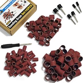 Asieg Tool Sanding Drum Kit 142Pcs 400Grit, 1/2" & 3/8" & 1/4" Diameter Drum Sanding Band with 3.17mm Shank Mandrels for Drill Dremel Rotary Tools Nails Drill