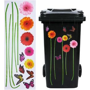 GORGECRAFT Wheelie Flower Stickers Waterproof Trash Stickers for Trash Cans Decorative Plant Butterfly Decals Self Adhesive Floral Outdoor Trash Can Sticker for Refrigerator Window Wall Door Yellow