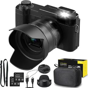5K Digital Camera, 5X Optical Zoom Cameras for Photography & Video, 64MP Autofocus Vlogging Cameras for Youtube, Flip Screen Camera for Beginners with Carring Bag Case, Lens Hood, Two Batteries