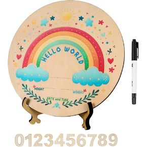 Baby Announcement Sign,Hello World newborn sign,Monthly Milestone Cards,Double-Sided Wooden Hello World,Newborn Welcome Sign with Marker Pen and wooden stand,as Photo Props for Hospital Nursery Baby Shower Keepsakes, Lucky Star (Rainbow Baby)