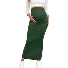 2024 Maternity Adjustable Waist Rib Knit Maxi Skirt Over The Belly Stretchy Pregnancy Long Pencil Skirts