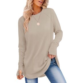 VVK Womens Long Sleeve Shirts Crew Neck Tunic Tops to Wear with Leggings Casual Loose Fit Thumb Hole T-Shirts