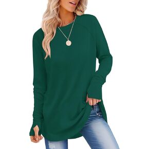 VVK Womens Long Sleeve Shirts Crew Neck Tunic Tops to Wear with Leggings Casual Loose Fit Thumb Hole T-Shirts
