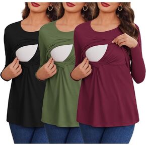 Ekouaer Women 3 Packs Nursing Shirts Long Sleeve Maternity Tops Double Layer Breastfeeding Tees Round Neck Pregnancy Blouse