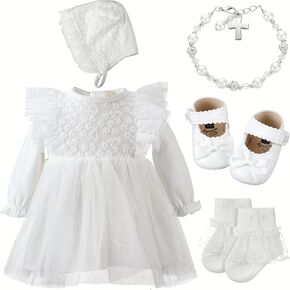 5 Pcs Baby Girl Baptism Outfit Includes Baby Girl Christening Dress Baptism Bonnet Shoes Socks Cross Bracelet
