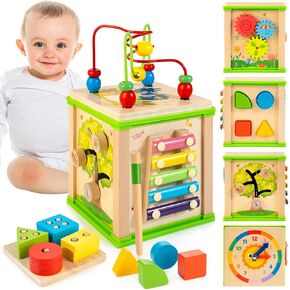 Wooden Activity Cube Baby Toys, 7-in-1 Montessori Toys for 1 Year Old Boys Girls, Developmental Learning Toys, Bonus Sorting & Stacking Board for Toddlers, First Birthday Gift