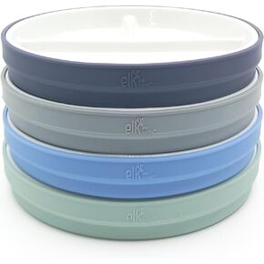 Elk and Friends Kids 7.8" Porcelain White Plates with Silicone Sleeves | Divided Plates | Suitable for Kids/Toddlers | Microwave & Dishwasher Safe | Non Slip | Snack Dishes…
