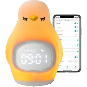Smart Kids Alarm Clock Lamp App Control Toddler Sleep Trainer with Green Night Light All-in-one OK to Wake Rechargeable (Silicone White Teddy Bear)