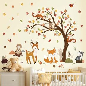 decalmile Woodland Animals Tree Wall Stickers Deer Fox Rabbit Forest Wall Decals Baby Nursery Kids Bedroom Living Room Wall Decor