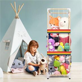 Stuffed Animal Storage Zoo Wood Stuffed Animal Holder Space Save Vertical Stuffed Animal Organizer with Elastic Band and Height Adjustable Feet Plush Toy Storage for Nursery Playroom Kidroom