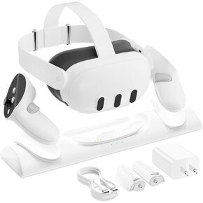 Charging Dock for Meta Quest 3, VR Charging Station for Quest 3 with LED Light, Charge Headset and Touch Controllers Simultaneously, with 2 Rechargeable Batteries, Type-C Charger, Cable, White