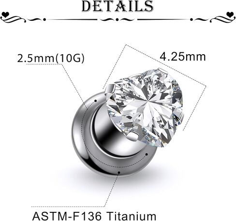 Astm F136 Titanium Heart CZ Ear Gauges Screw Fit Flesh Tunnels Plugs Gauges Earring Expander Stretcher Ear Tunnels For Ears 10G 8G 6G 4G 2G 0G 00G Plug Earrings Piercing Jewelry For Women Men in Saudi Arabia