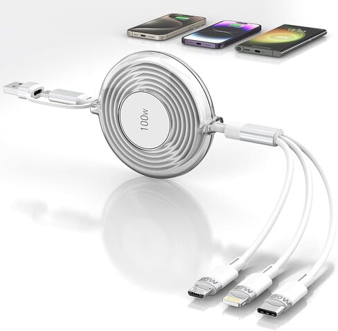 100W 3 in1 Multi Charging Cable Retractable USB C Universal Phone Charging Cable for Travel Fast Charger Type C 100W+27W Lightning+Micro USB Charging Cord for Phone 15,14,Samsung,Pad, Kindle - Pink in Kuwait