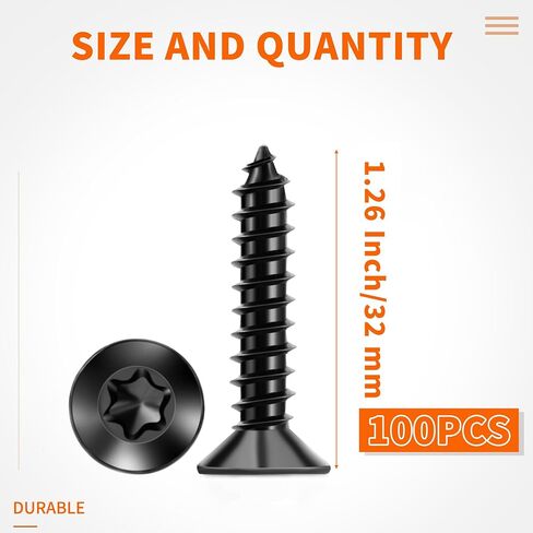 100 PCS #6 x 1" Flat Head Torx/Star Wood Screws, 18-8 (A2) Stainless Steel, Full Threaded & Black Coated for Durability, T15 Drive Bit Included, No.6 X 1" Multipurpose Screw by TPOHH in Saudi Arabia