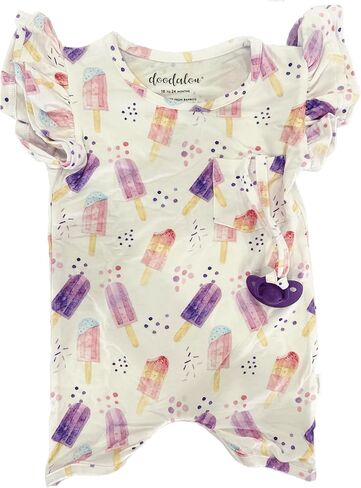 Soft Bamboo Viscose Baby Romper Short Ruffle Sleeves with Shorts, Zipper Inseam Closure and Removable Pacifier Clip - Let's Flamingo in Saudi Arabia