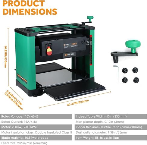（Updated Model）Kayrain 13IN Power Benchtop Planer with HSS Double-sided Use Blades Electric Thickness Planer 15A 2000W Powerful Motor Wood Planers for Woodworking in Kuwait