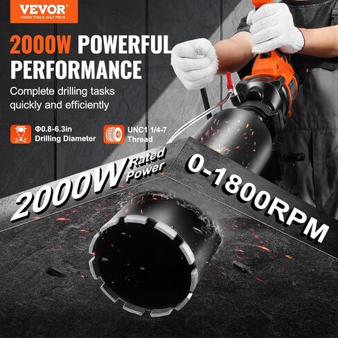 VEVOR Diamond Core Drill Machine, Wet and Dry Use, 0.8-6.3in Drilling Diameter Handheld Core Drill Rig with Stand and Core Drill Bit, 2000W Rugged Concrete Core Drill, For Concrete, Brick, Marble in Saudi Arabia