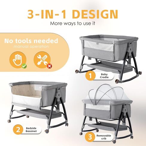 Baby Bassinet, Playpen for Baby, 3 in 1 Bedside Bassinet with Quickly Adjustable Height,Mosquito Net, Easy Folding Portable Bedside Sleeper for Infant Newborn in Saudi Arabia
