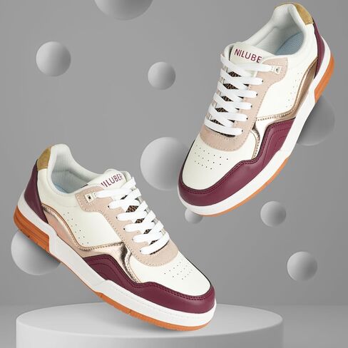 Niluber Women's Fashion Low Top Sneakers - White PU Leather Tennis Shoes-Lace Up Comfortable Casual Waking Shoes in Kuwait