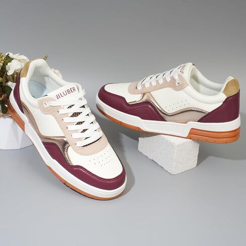 Niluber Women's Fashion Low Top Sneakers - White PU Leather Tennis Shoes-Lace Up Comfortable Casual Waking Shoes in Kuwait