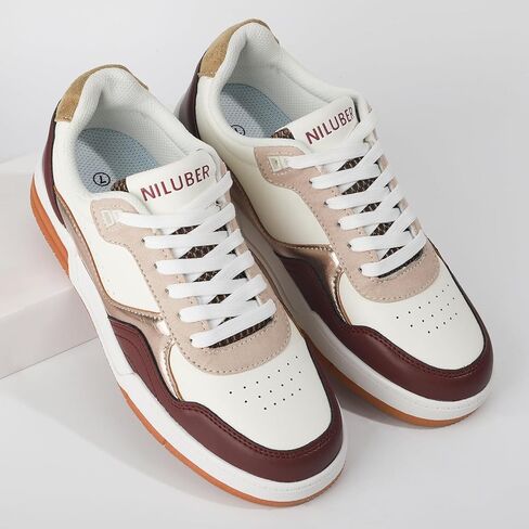 Niluber Women's Fashion Low Top Sneakers - White PU Leather Tennis Shoes-Lace Up Comfortable Casual Waking Shoes in Kuwait