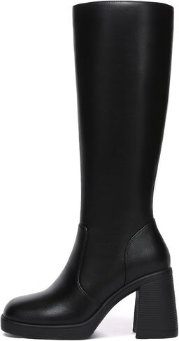 Athlefit Knee High Boots Women Wide Calf Platform Boots with Side Zipper | PU/Suede, 3.68" Chunky Heel, 5mm Cushion, Square Toe, Stylish for Fall/Winter, Work, Travel, Party, City Walks, Womens Boots in Saudi Arabia