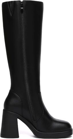Athlefit Knee High Boots Women Wide Calf Platform Boots with Side Zipper | PU/Suede, 3.68" Chunky Heel, 5mm Cushion, Square Toe, Stylish for Fall/Winter, Work, Travel, Party, City Walks, Womens Boots in Saudi Arabia