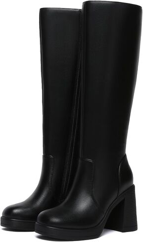 Athlefit Knee High Boots Women Wide Calf Platform Boots with Side Zipper | PU/Suede, 3.68" Chunky Heel, 5mm Cushion, Square Toe, Stylish for Fall/Winter, Work, Travel, Party, City Walks, Womens Boots in Saudi Arabia