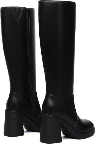 Athlefit Knee High Boots Women Wide Calf Platform Boots with Side Zipper | PU/Suede, 3.68" Chunky Heel, 5mm Cushion, Square Toe, Stylish for Fall/Winter, Work, Travel, Party, City Walks, Womens Boots in Saudi Arabia