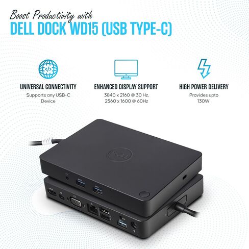 حزمة محطة الإرساء Koncept Dell WD15 محطة إرساء Dell مزودة بمصدر طاقة بقدرة 130 وات وكابل HMDI وقطعة قماش للتنظيف من الألياف الدقيقة (متجددة) in Saudi Arabia